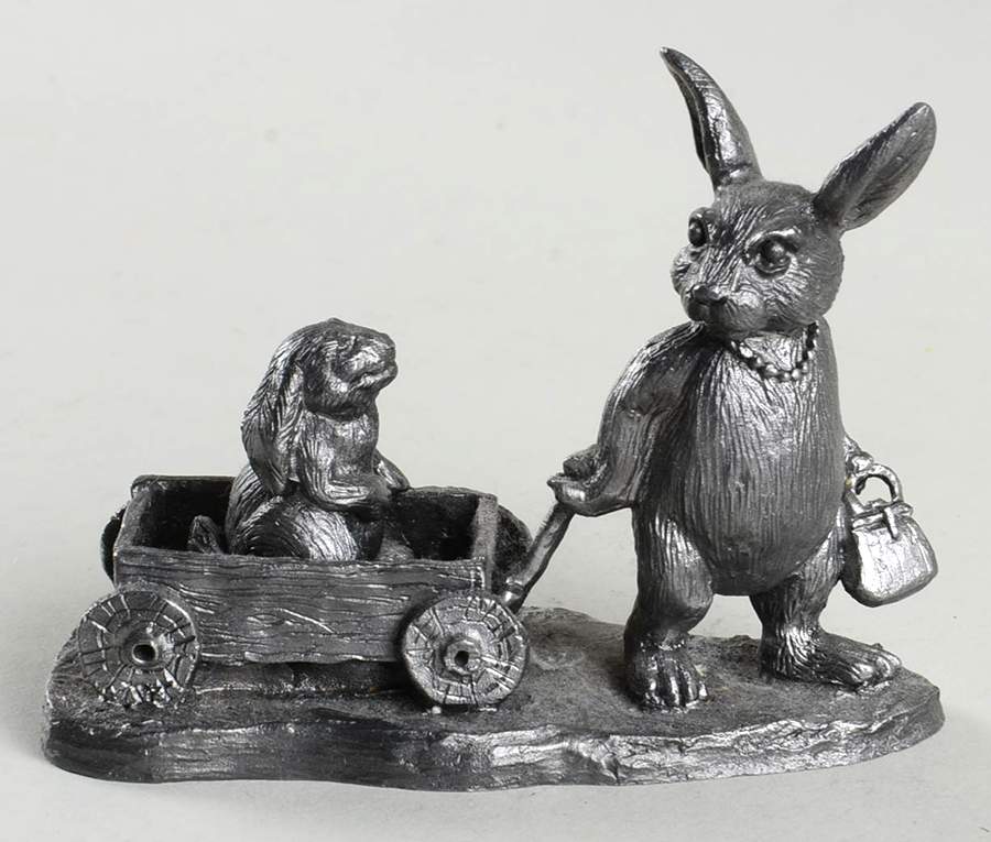 Pewter Figurines Mama Rabbit Pulling Wagon - No Box by Ricker Bartlett Casting Studio-1