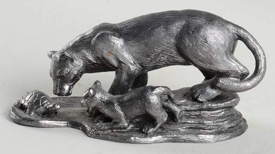 Pewter Figurines Mountain Lion W/Cub Meet Turtle - No Box by Ricker Bartlett Casting Studio-1