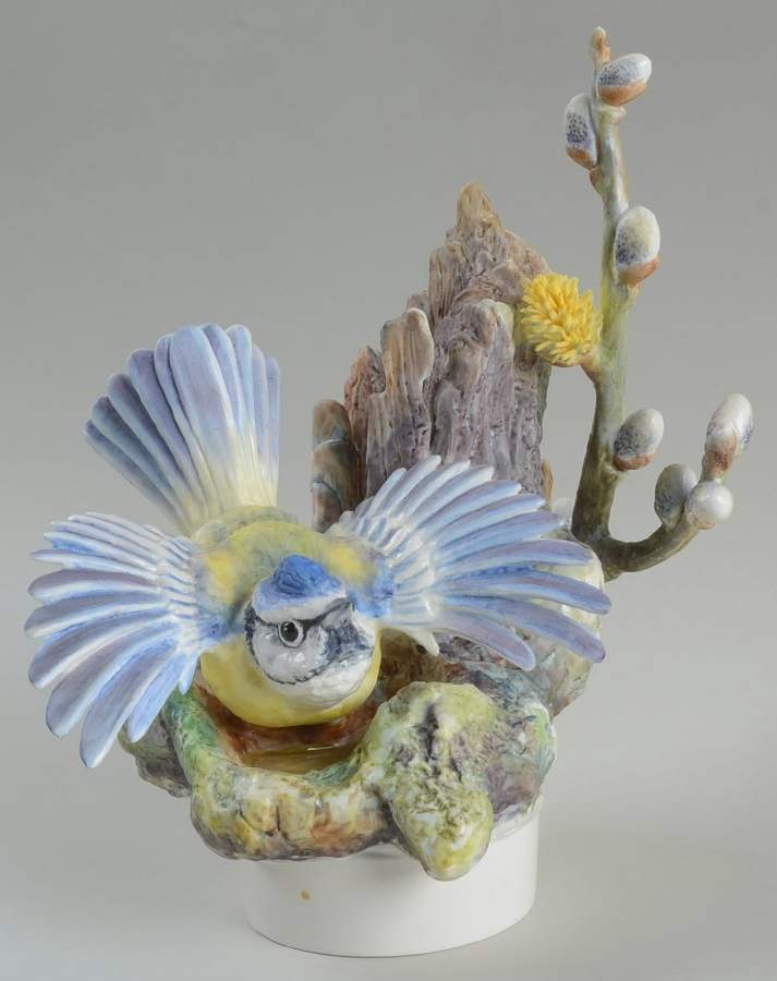 Doughty British Birds Hen-Blue Tit Bathing In Willow Stump - No Box by Royal Worcester-1