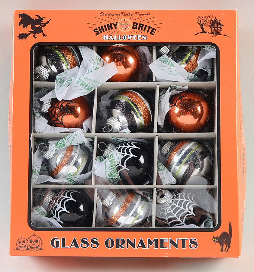 Shiny Brite-Halloween 12 Pc Stripe/Orange & Black Web Balls - Boxed by Christopher Radko-1