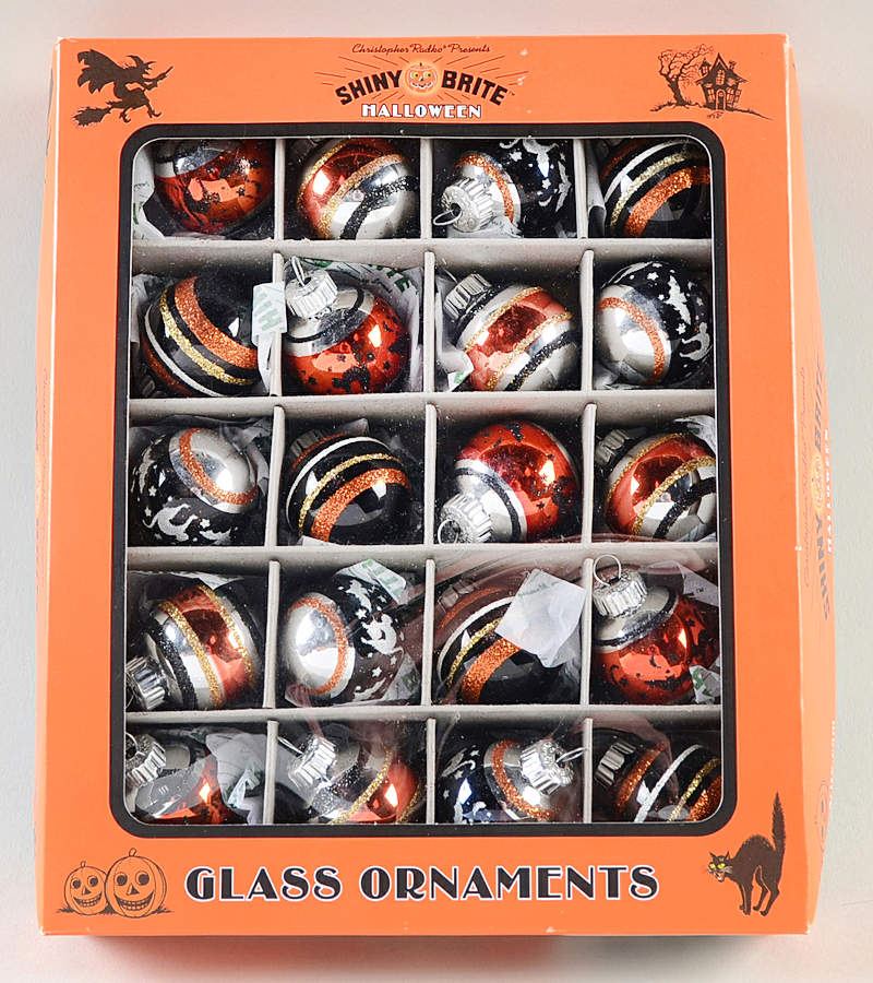 Shiny Brite-Halloween 20 Pc Orange/Black Cat/Stripe Balls - Boxed by Christopher Radko-1