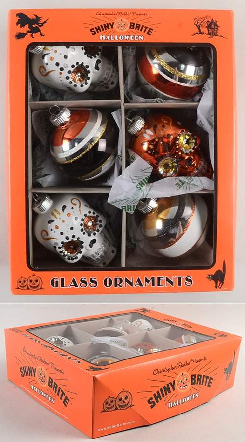 Shiny Brite-Halloween 6 Pc Skulls & Balls-Orange & Black - Boxed by Christopher Radko-1