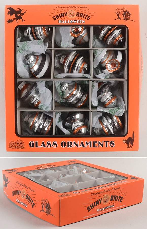 Shiny Brite-Halloween 12 Pc Silver/Black/Orange Stripe Shapes - Boxed by Christopher Radko-1