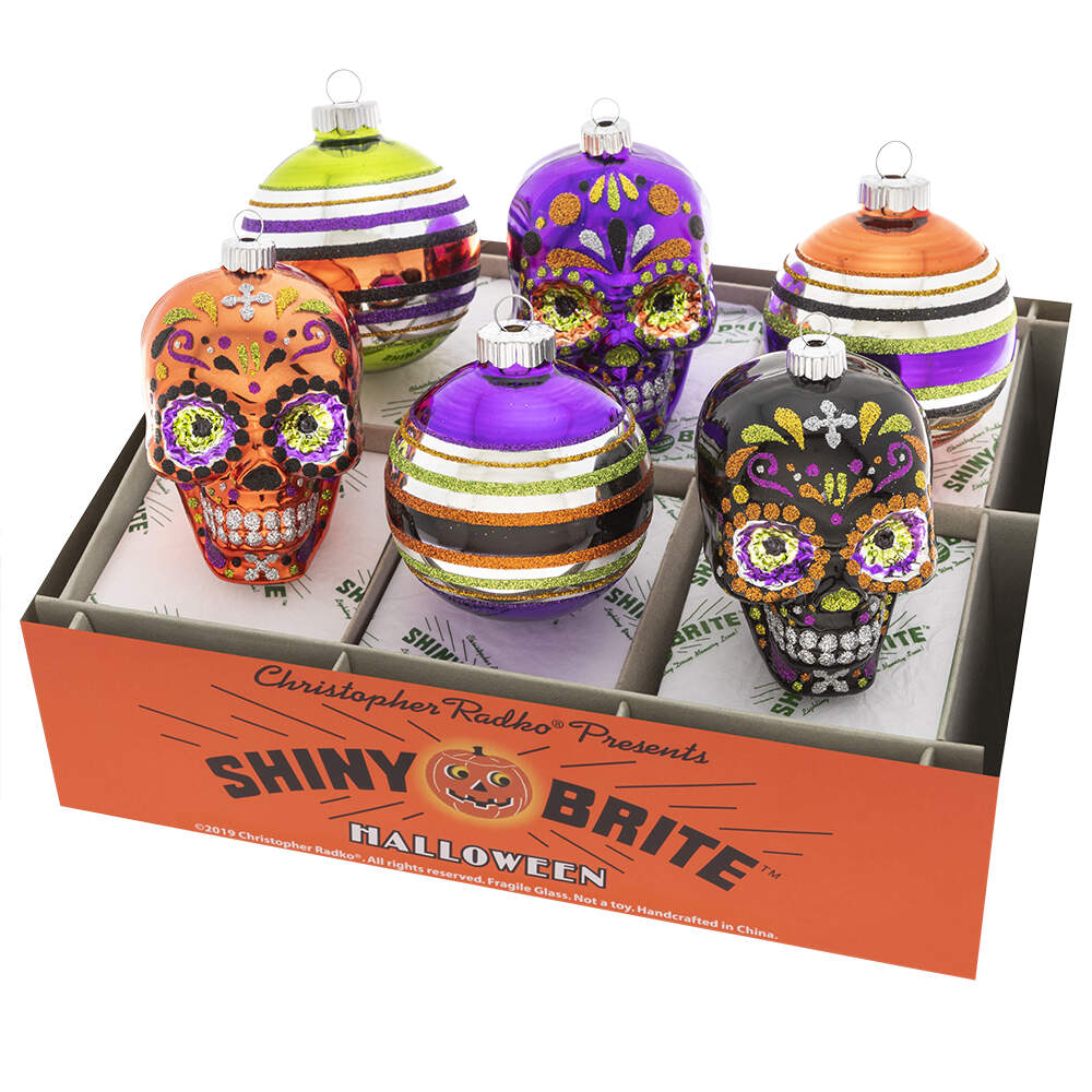 Shiny Brite-Halloween 6 Pc Decorated Rounds & Skulls - Boxed by Christopher Radko-1