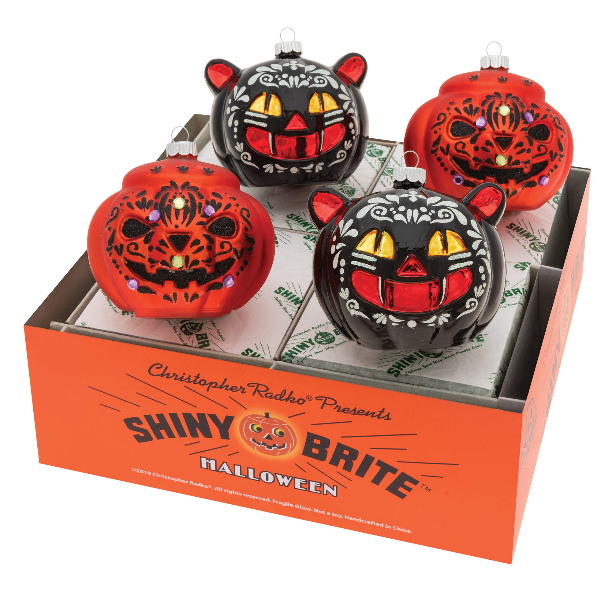 Shiny Brite-Halloween 4pc Cats & Pumpkins - Boxed by Christopher Radko-1