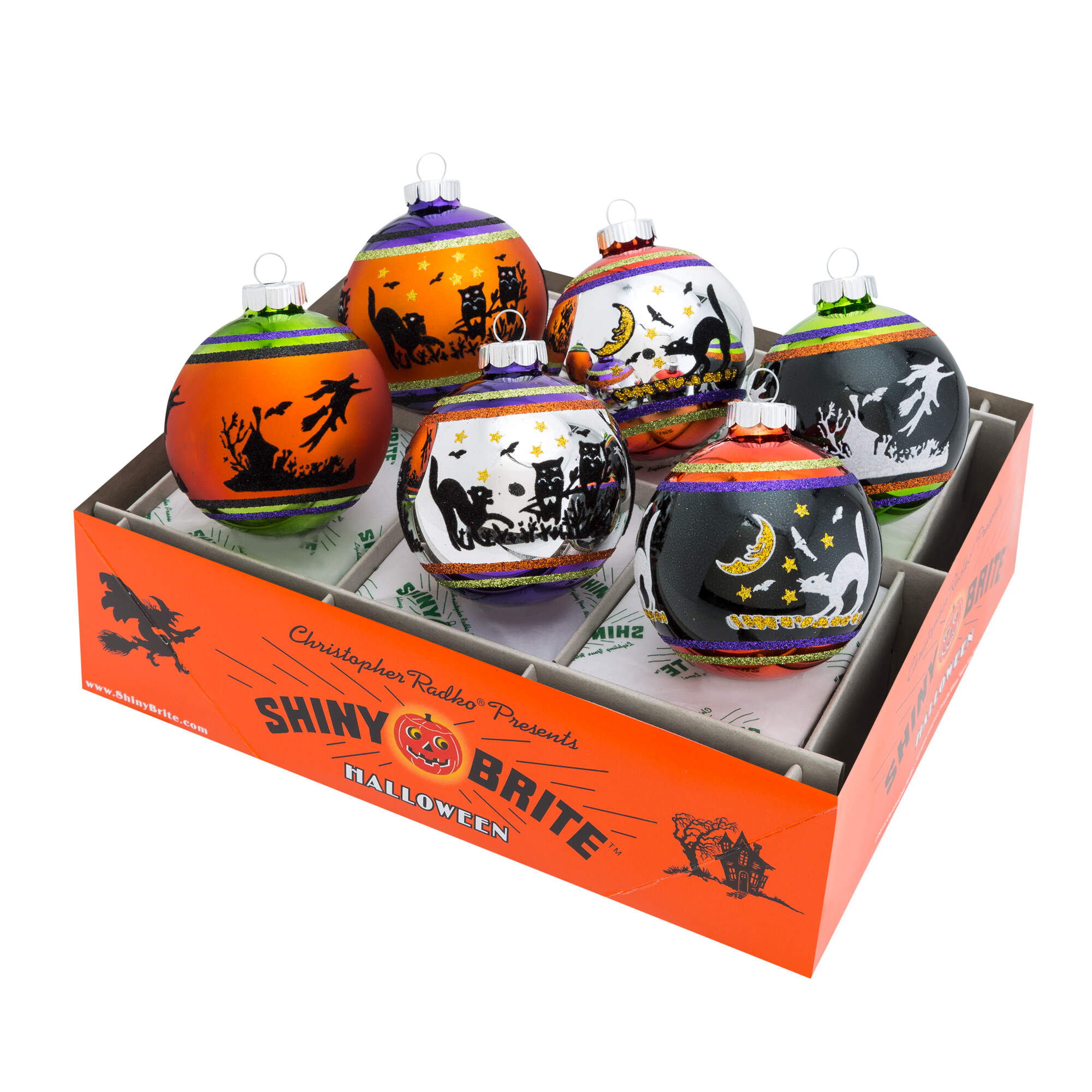 Shiny Brite-Halloween 6 Pc Signature Flocked Rounds - Boxed by Christopher Radko-1