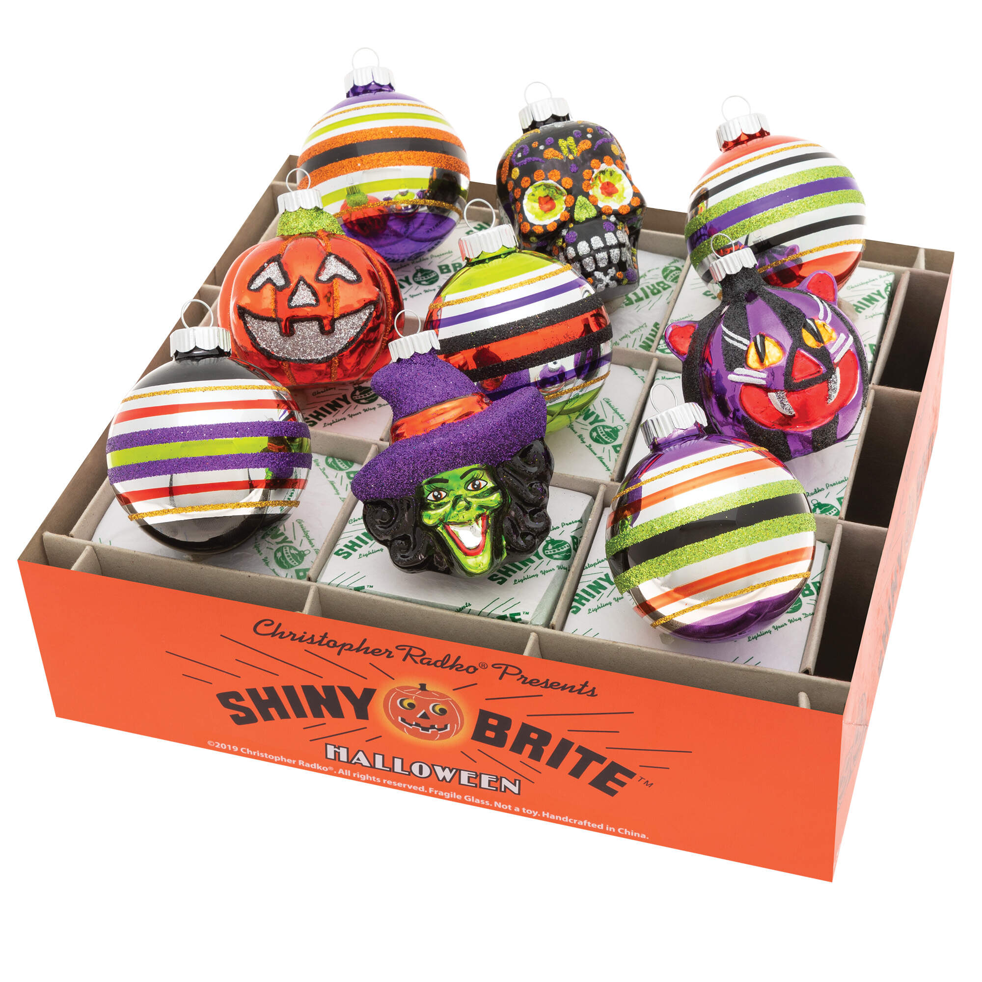 Shiny Brite-Halloween 9 Pc Decorated Rounds & Figures - Boxed by Christopher Radko-1