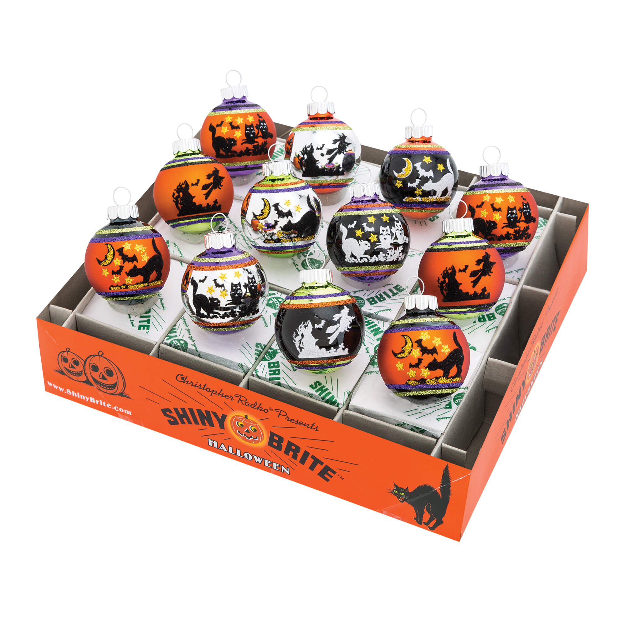 Shiny Brite-Halloween 12 Pc Signature Flocked Rounds - Boxed by Christopher Radko-1