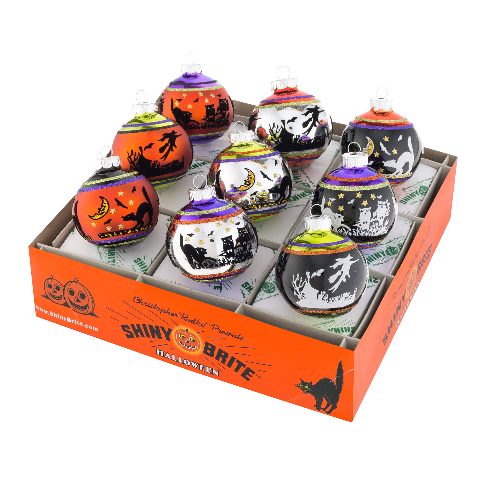 Shiny Brite-Halloween 9 Pc Signature Flocked Rounds - Boxed by Christopher Radko-1