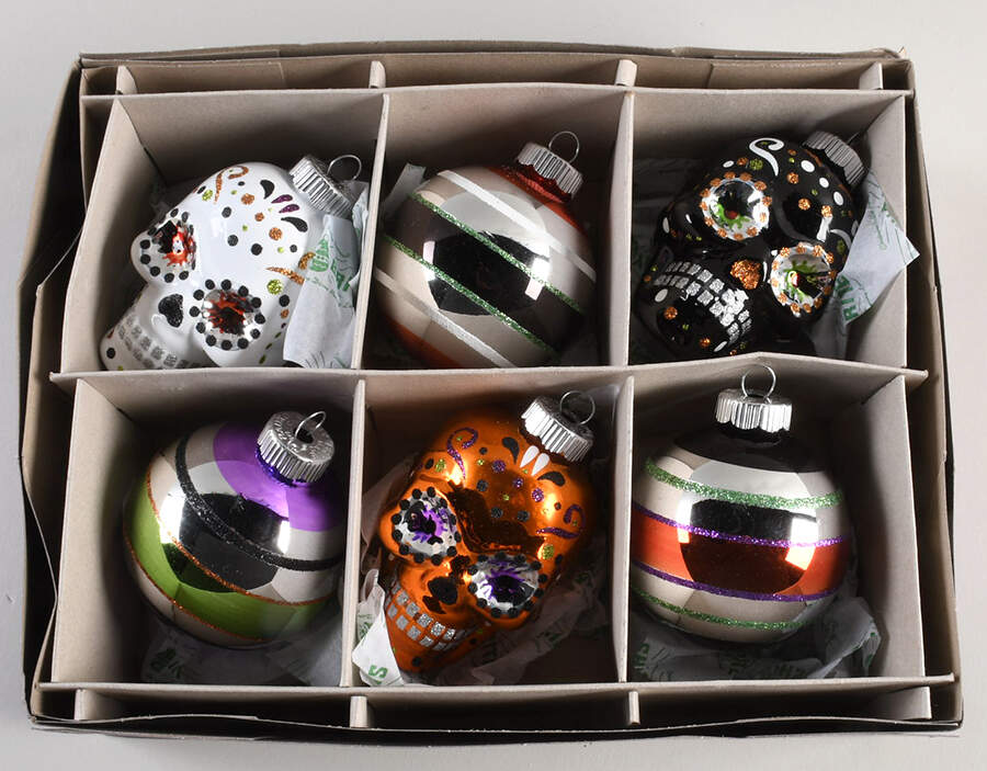 Shiny Brite-Halloween 6pc 3 Skulls / 3 Stripe Balls - Boxed by Christopher Radko-1
