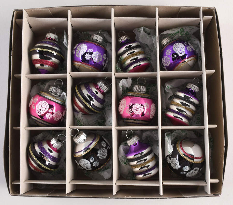 Shiny Brite-Halloween 12pc Ball/Multi Skull Decals - With Box by Christopher Radko-1