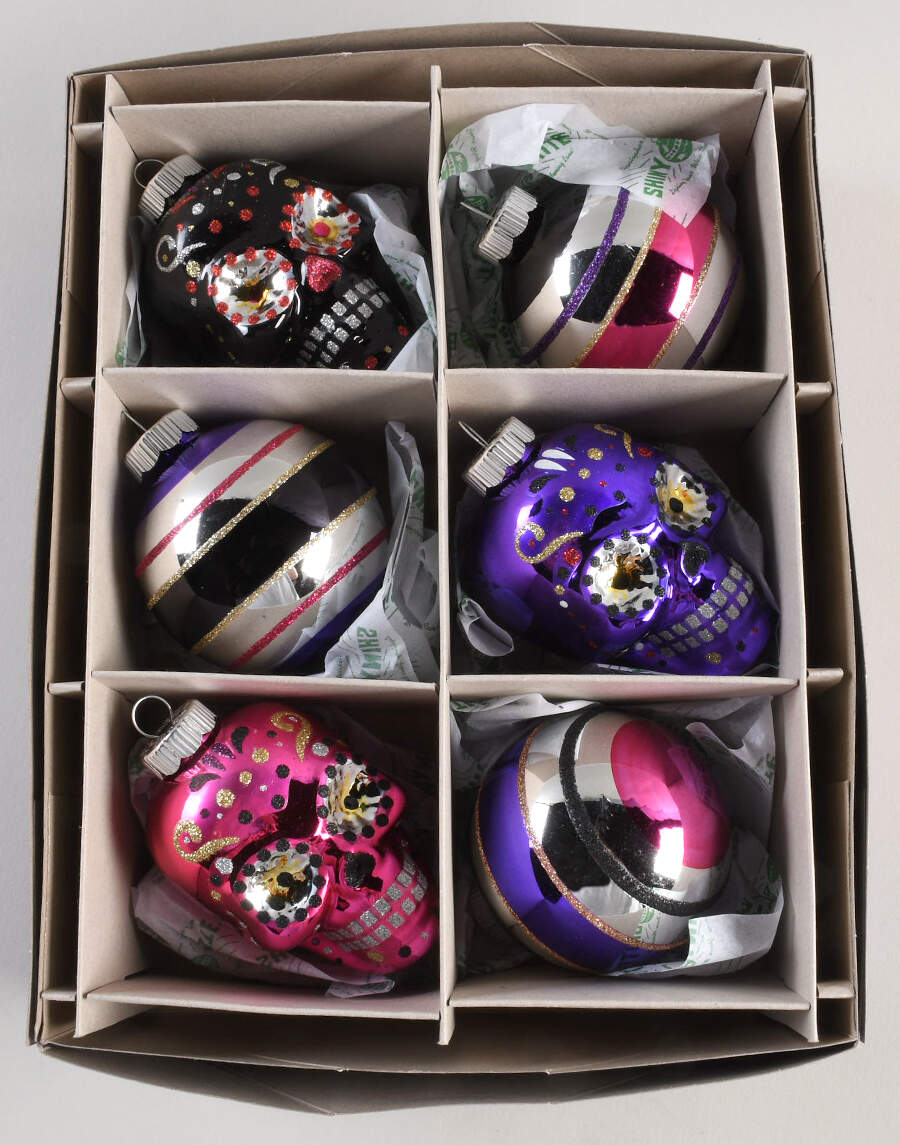 Shiny Brite-Halloween 6pc 3 Skulls / 3 Stripe Balls - Boxed by Christopher Radko-1