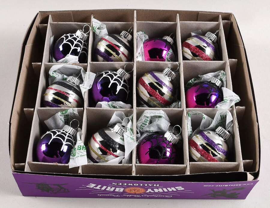Shiny Brite-Halloween 12 Pc Striped&Spider Pink/Purp - Boxed by Christopher Radko-1