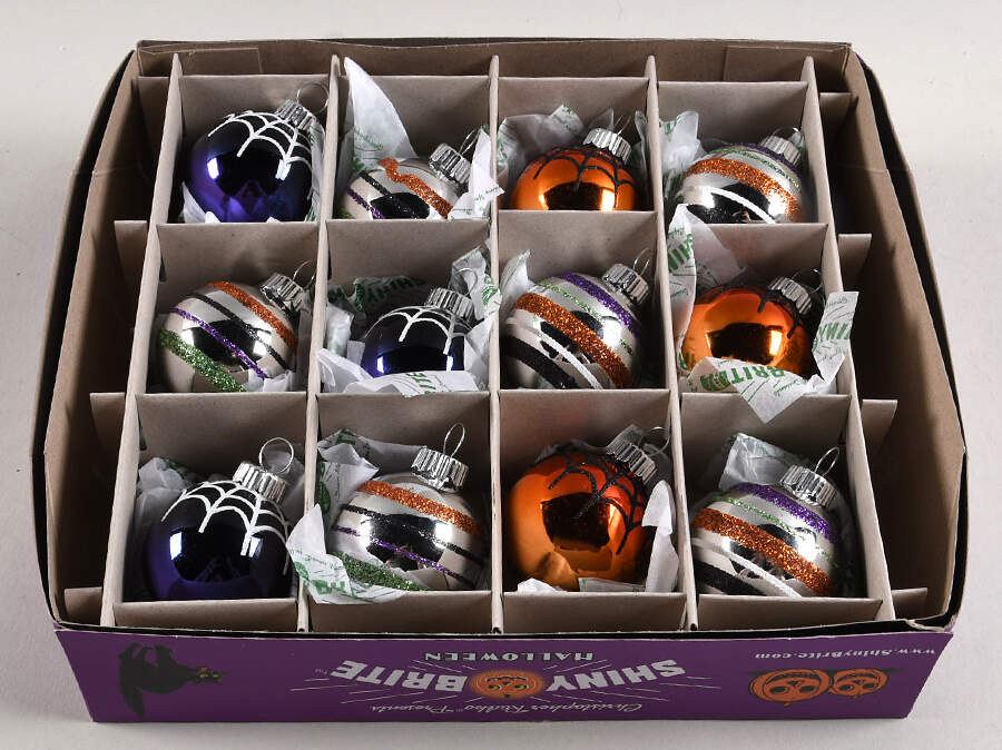 Shiny Brite-Halloween 12 Pc Striped&Spider Web Balls - Boxed by Christopher Radko-1