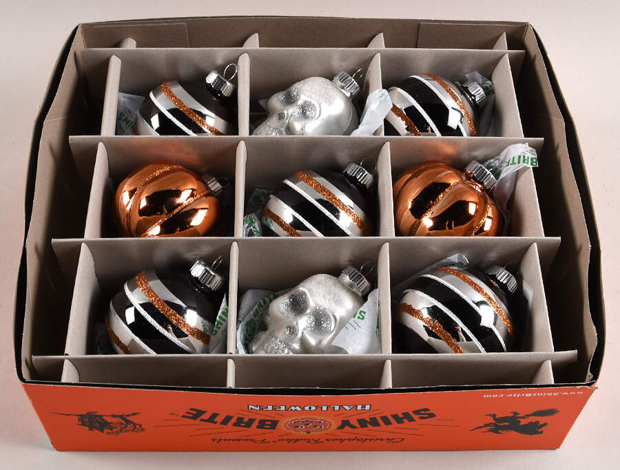 Shiny Brite-Halloween 9 Pc Pumpkin/Skulls/Balls - With Box by Christopher Radko-1