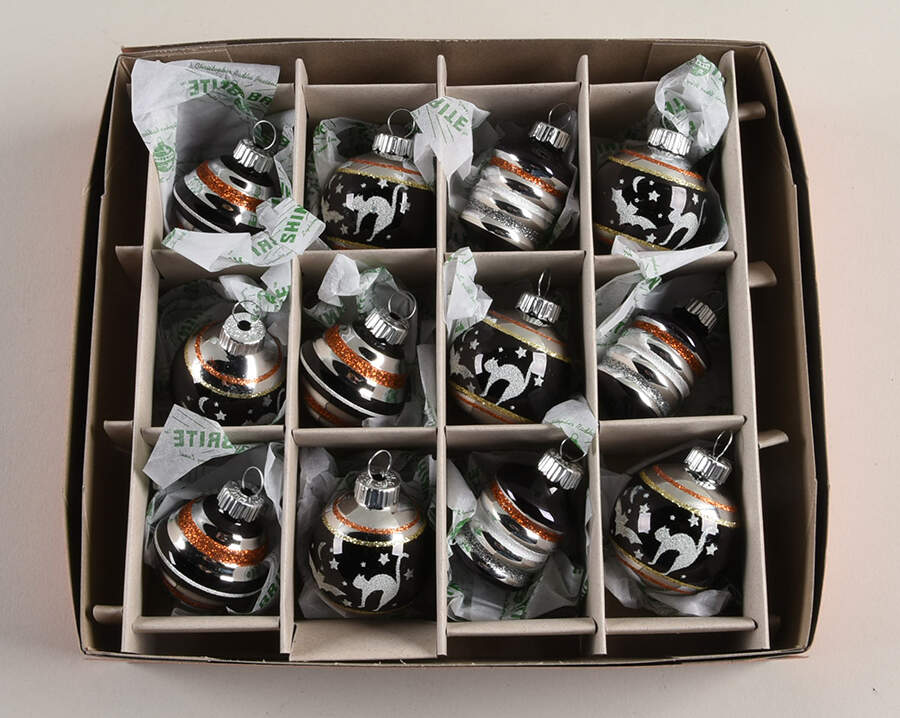 Shiny Brite-Halloween 12 Pc Striped&Cats&Bats - With Box 53 by Christopher Radko-1