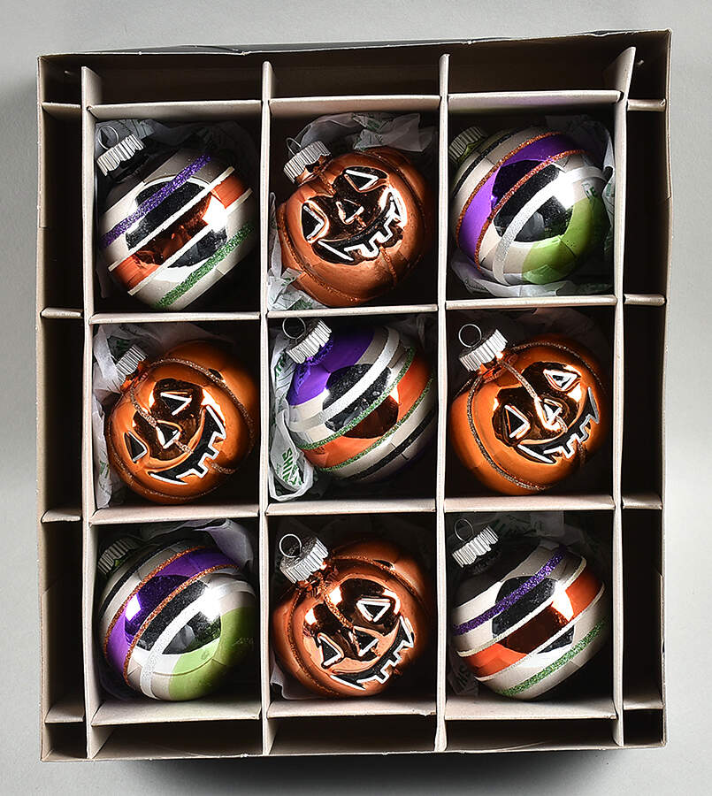 Shiny Brite-Halloween 9 Pc Pumpkin & Multi Spripes - Boxed by Christopher Radko-1