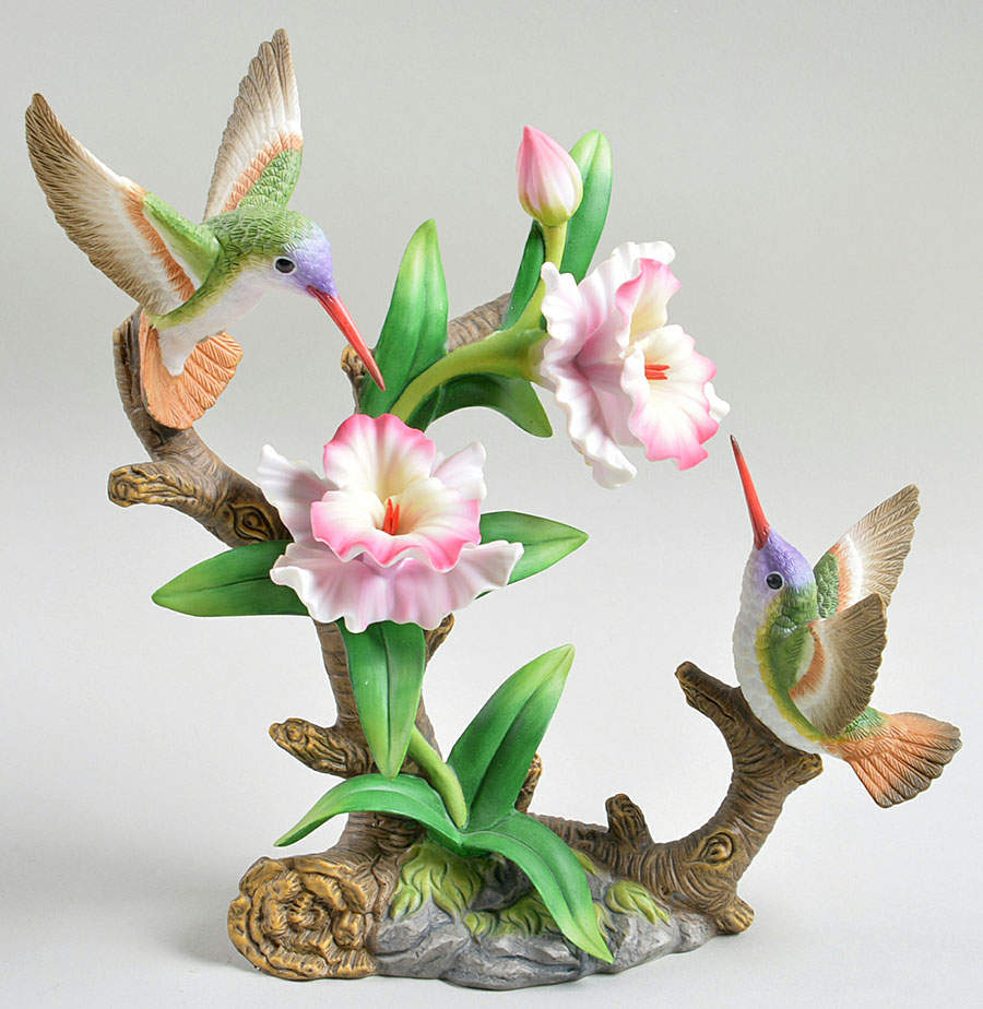 Sadek Bird Figurines Double Hummingbirds W/ Pink Orchids - No Box by Sadek-1