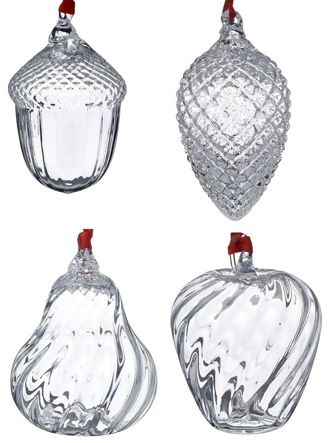 Crystal Christmas Ornaments Acorn, Pear, Apple, Pinecone - Set 2002 by Steuben-1