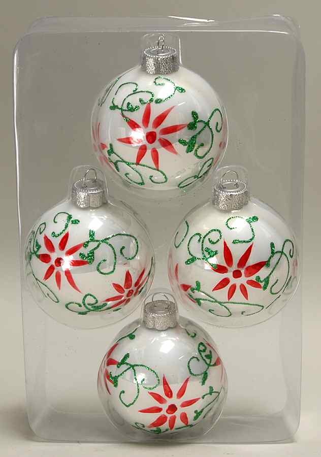 Season's Designs Ornaments 3" Ball-White W/ Poinsettias - With Box by Seasons Designs-1