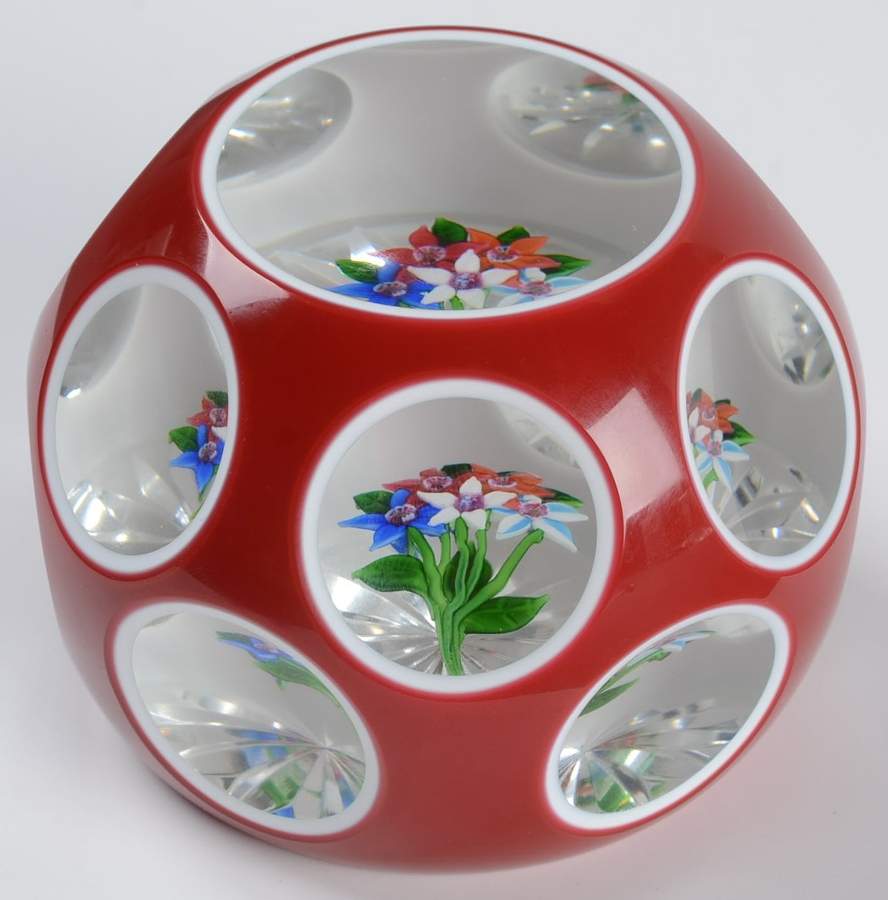St Louis Paperweights Floral-Red & White Double Overlay - With Box by St Louis-1