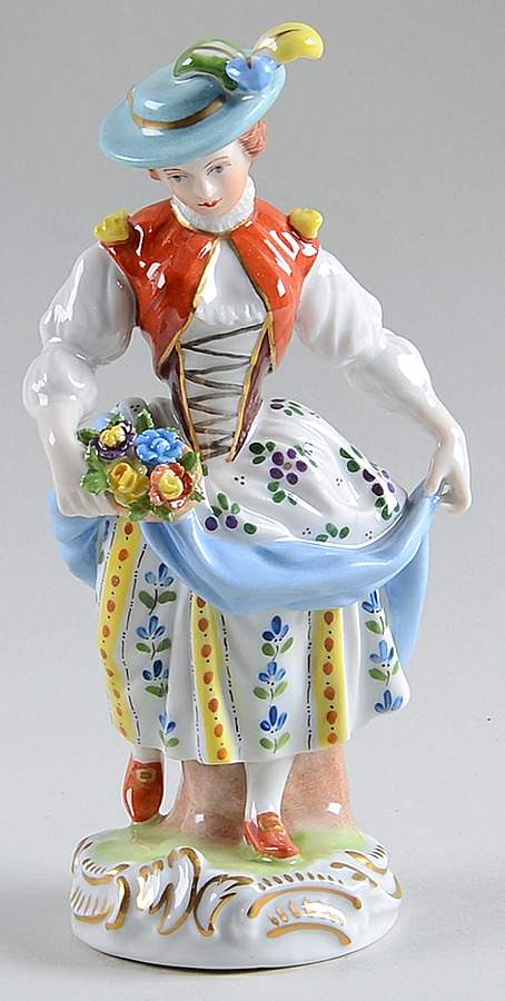 Saxonian Dresden Figurines Woman In Orange Vest-Blue Apron - No Box by Saxonian-1