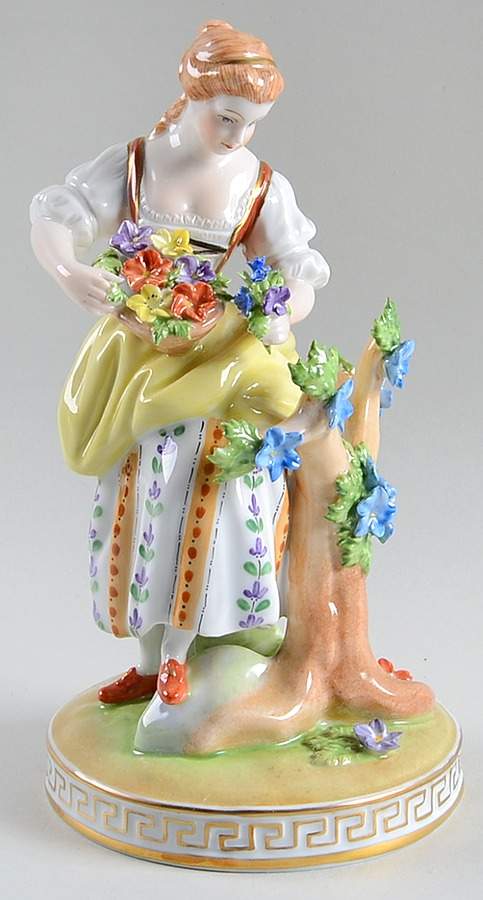 Saxonian Dresden Figurines Woman Picking Flowers-Yellow Apron - No Box by Saxonian-1