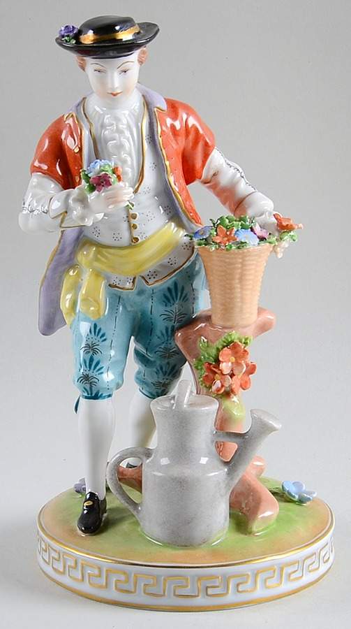 Saxonian Dresden Figurines Man With Watering Can-Yellow Waist Sash - No Box by Saxonian-1