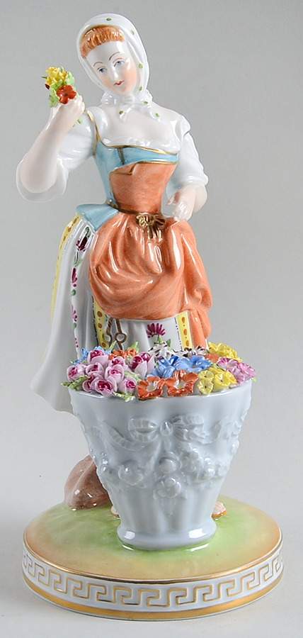 Saxonian Dresden Figurines Woman In Scarf Selling Flowers - No Box by Saxonian-1