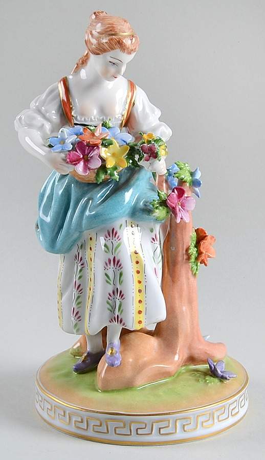 Saxonian Dresden Figurines Woman Picking Flowers-Blue Apron - No Box by Saxonian-1