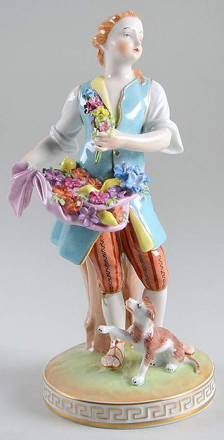 Saxonian Dresden Figurines Man Flower Seller With Dog - No Box by Saxonian-1