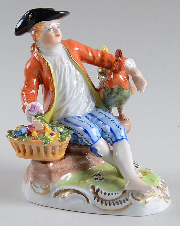 Saxonian Dresden Figurines Boy Sitting With Chicken And Flowers - No Box by Saxonian-1