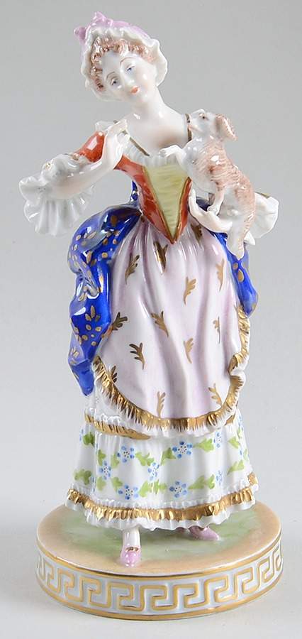 Saxonian Dresden Figurines Woman Holding Small Dog - No Box by Saxonian-1