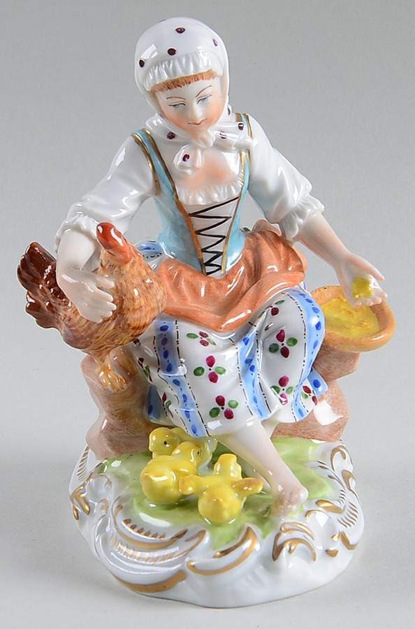 Saxonian Dresden Figurines Girl Sitting Feeding Chickens - No Box by Saxonian-1