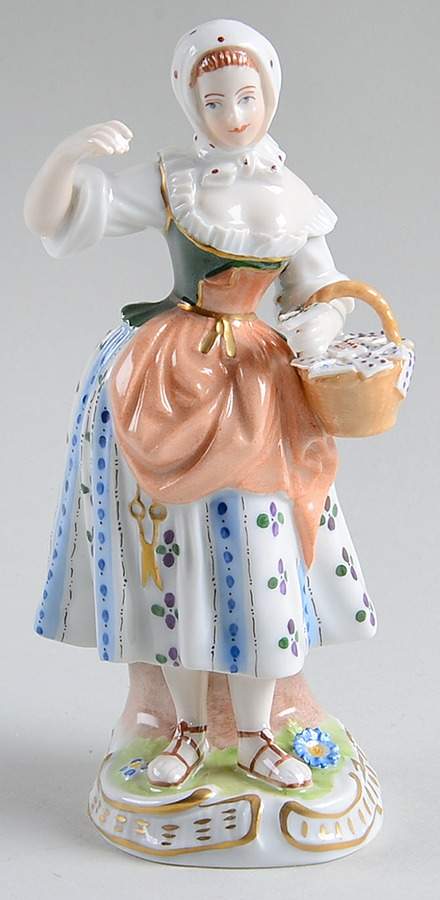 Saxonian Dresden Figurines Woman With Basket Of Buttons On Cards - No Box by Saxonian-1