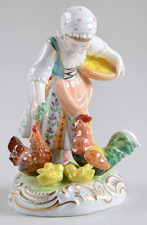 Saxonian Dresden Figurines Girl Feeding Chickens - No Box by Saxonian-1