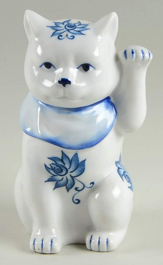 Floral Animals Lucky Cat-Blue & White - No Box by Sadek-1