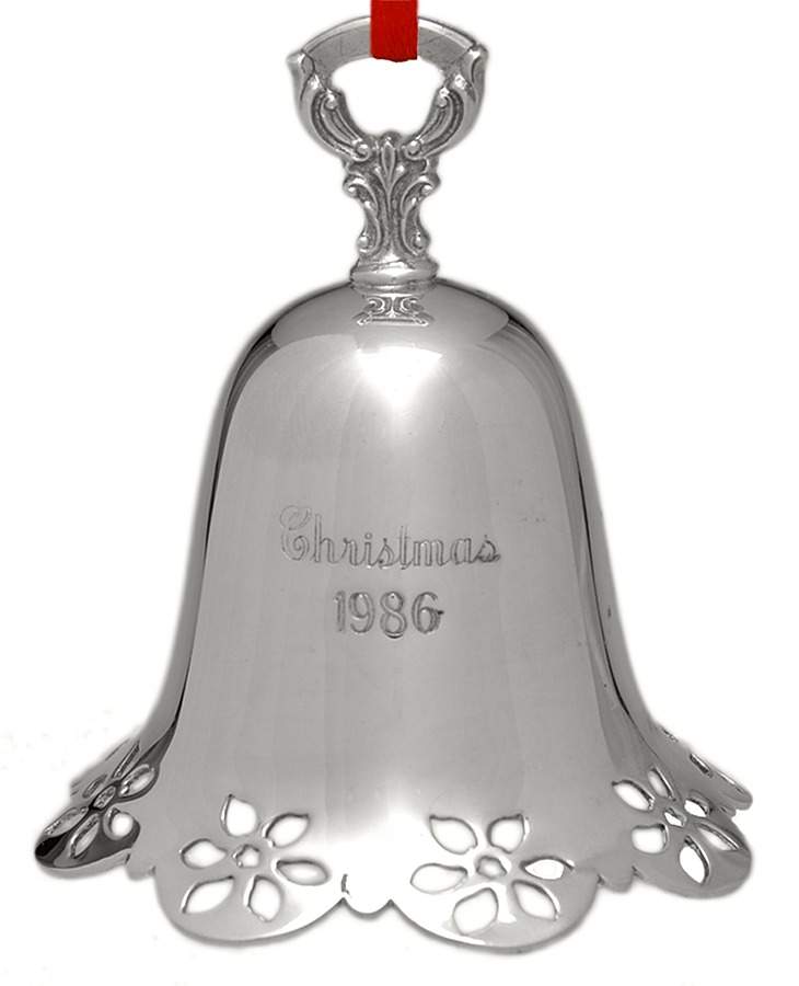 Christmas Bell-Annual 1986 Poinsettia Pierced Bell - Boxed by Towle Silver-1