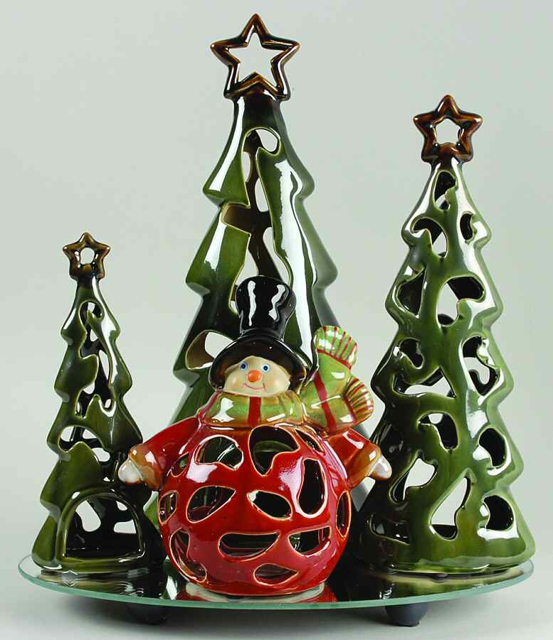 Holiday Giftware Snowman & Trees W/ Mirrored Base - Boxed by Transpac Imports Inc-1