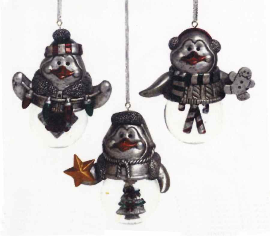 Pewter Finish Christmas Giftware Set Of Three Penguin Ornaments - Boxed by Towle Silver-1