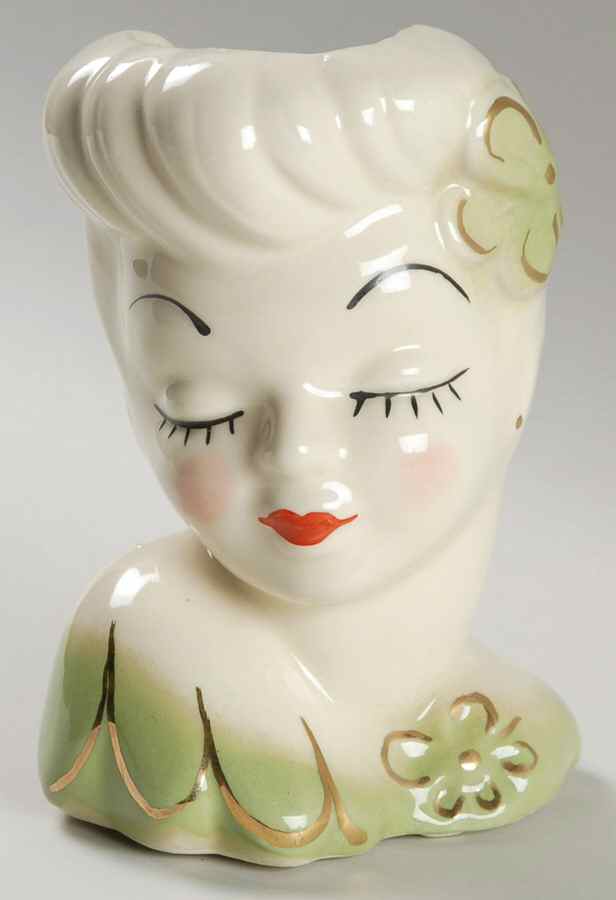Head Vases Lady W/ Green Flower & Dress - No Box by Unknown Manufacturer-1
