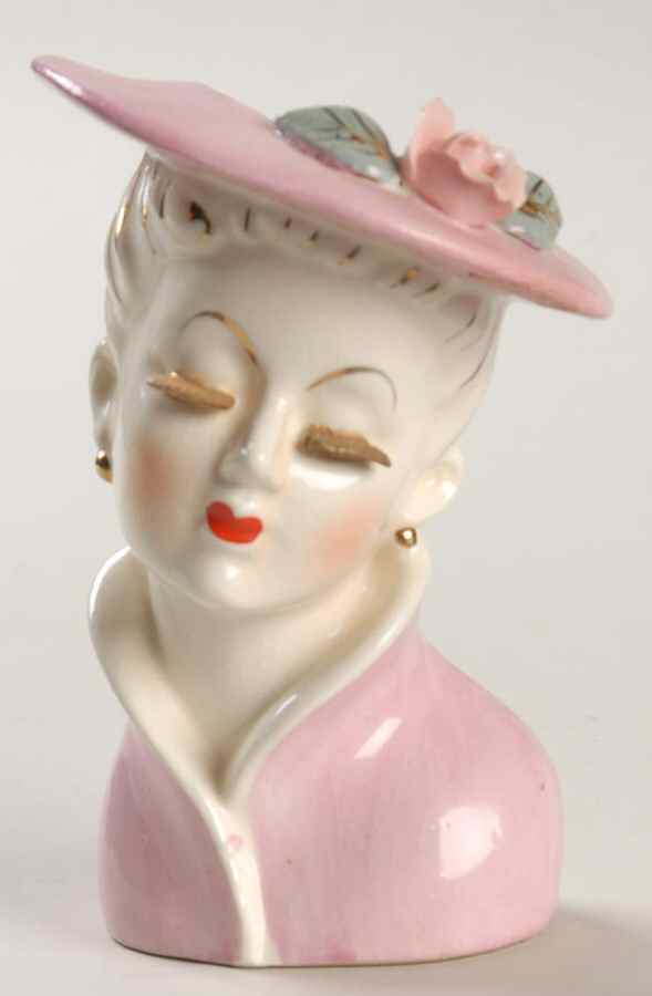 Head Vases Lady Pnk Drs/Hat Gold Lashes - No Box by Unknown Manufacturer-1