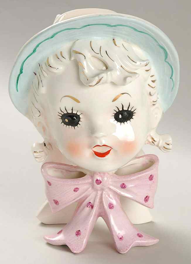 Head Vases Girl Pigtails Lg Pink Bow Dots - No Box by Unknown Manufacturer-1
