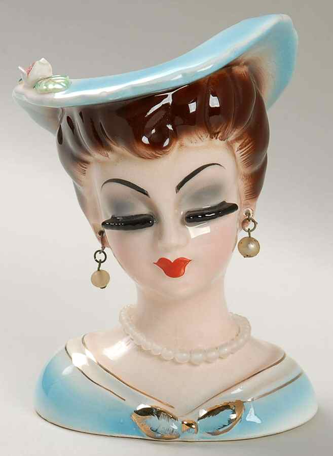 Head Vases Lady Blue Drs/Hat Pierced Ears - No Box by Unknown Manufacturer-1