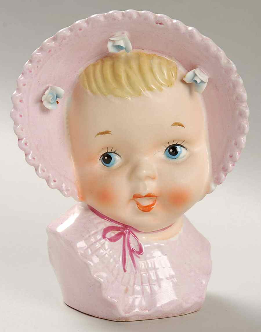 Head Vases Baby Pink Bonnet/Drs 3 Roses - No Box by Unknown Manufacturer-1