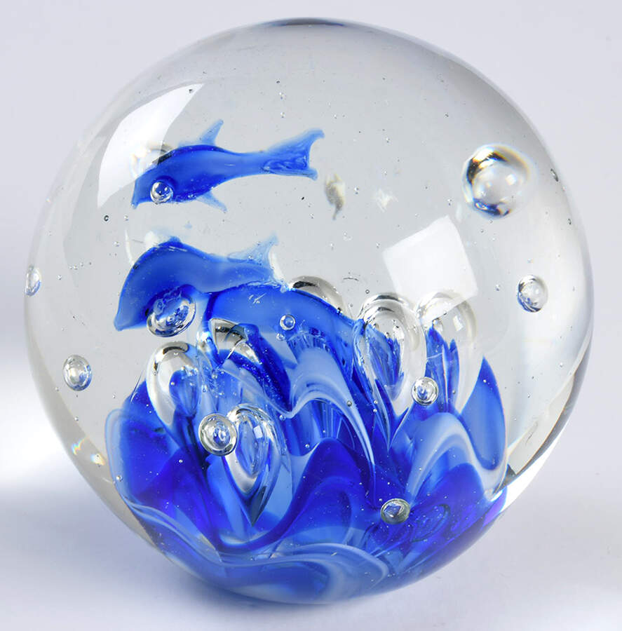 Art Glass Paperweights Clear Sphere,Bubbles,Blue Wave,Fish - No Box by Unknown Mfg Collectibles-1