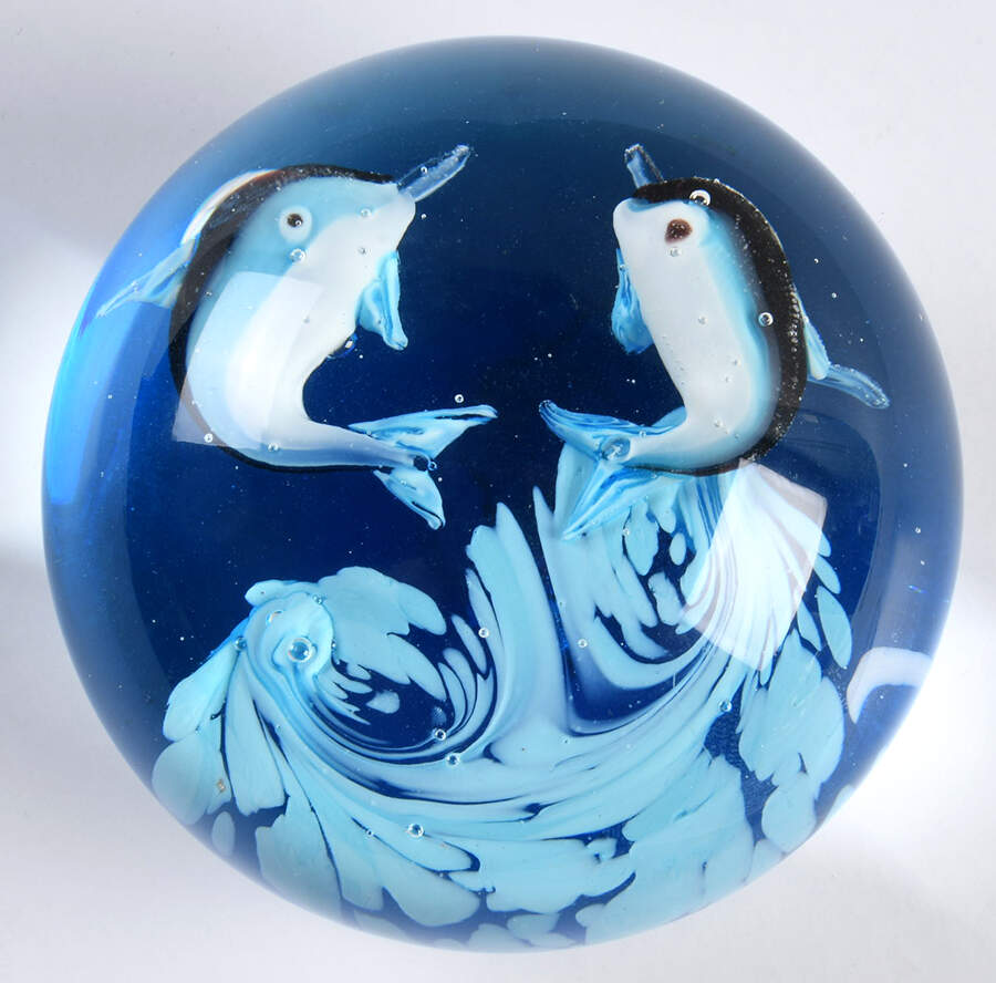 Art Glass Paperweights 2 Dolphins And Waves-Dome - No Box by Unknown Mfg Collectibles-1