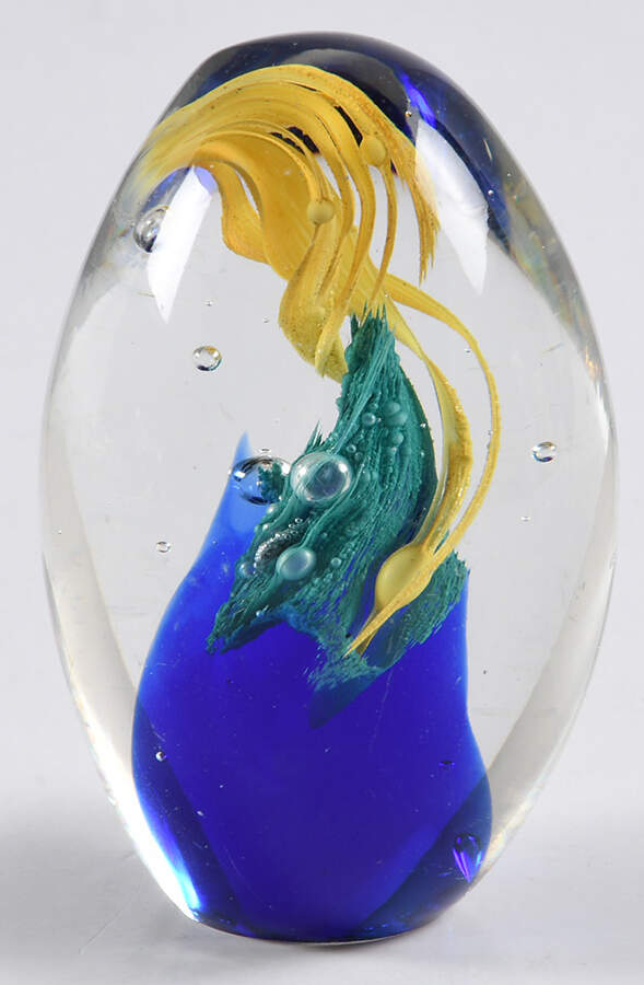 Art Glass Paperweights Egg-Yellow,Blue,Teal Swirl - No Box by Unknown Mfg Collectibles-1