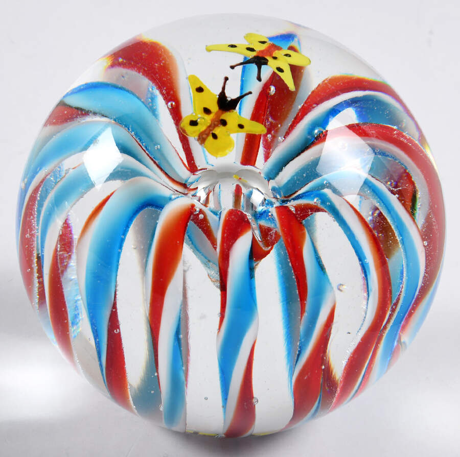 Art Glass Paperweights Red,White,Blue Flower,Butterflies - No Box by Unknown Mfg Collectibles-1