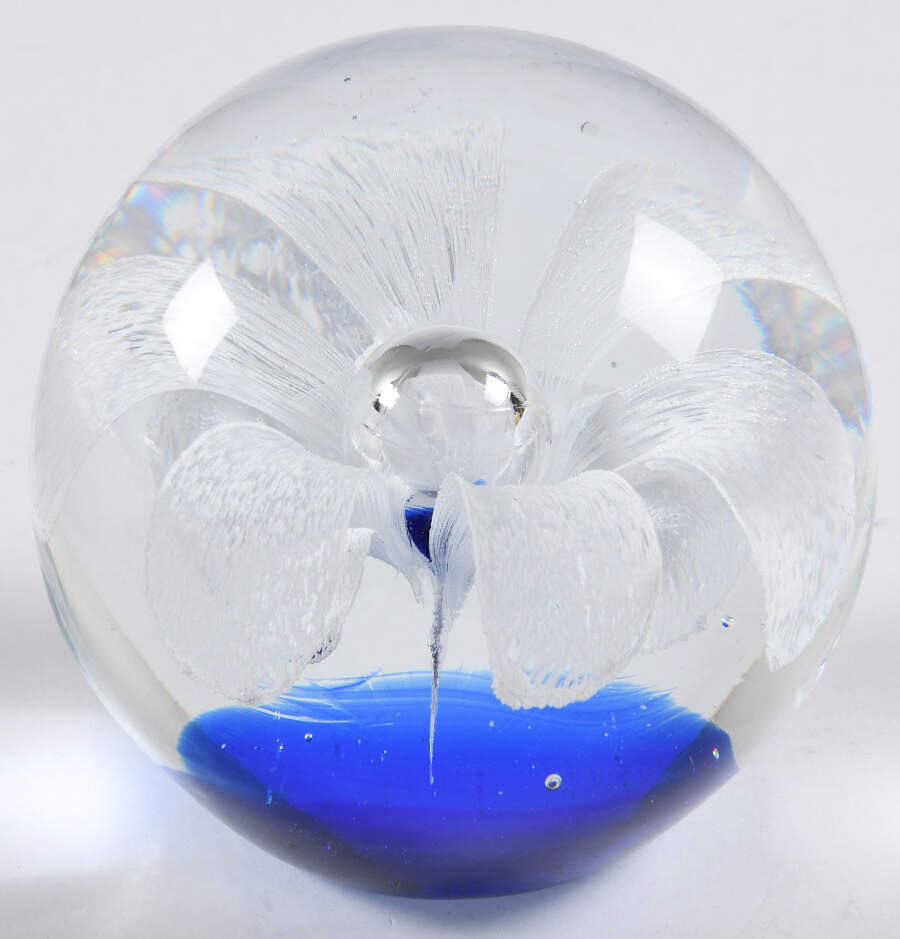 Art Glass Paperweights White Flower,Bubble,Cobalt Base - No Box by Unknown Mfg Collectibles-1